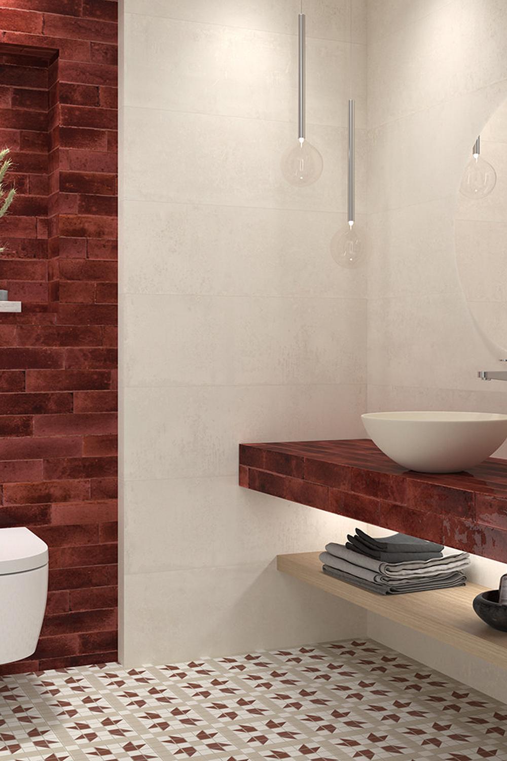 Baño contemporáneo con acentos en rojo y beige