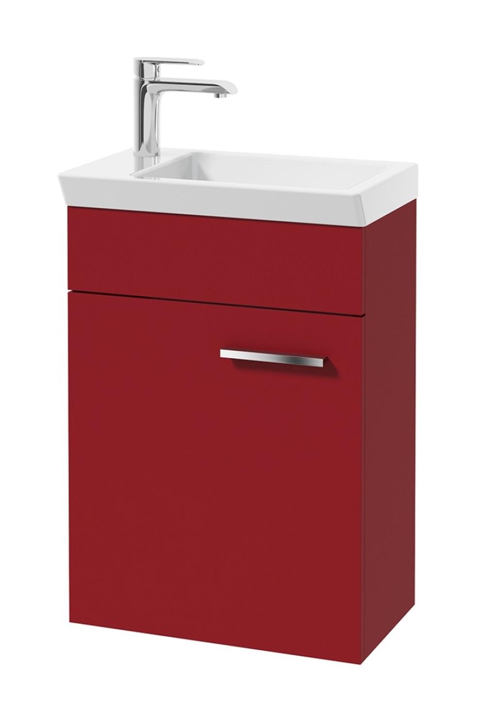A contemporary red vanity with smooth lines and minimal design elements.