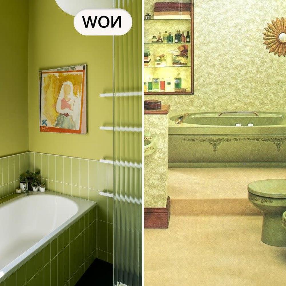Split view of two different retro bathrooms showcasing muted greens and ornate elements.