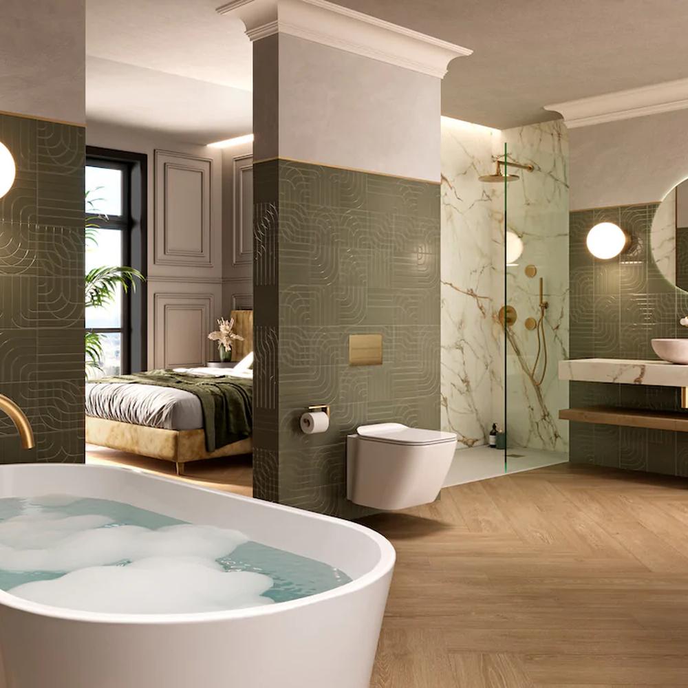 Luxurious bathroom featuring olive green tiles and elegant freestanding bathtub.