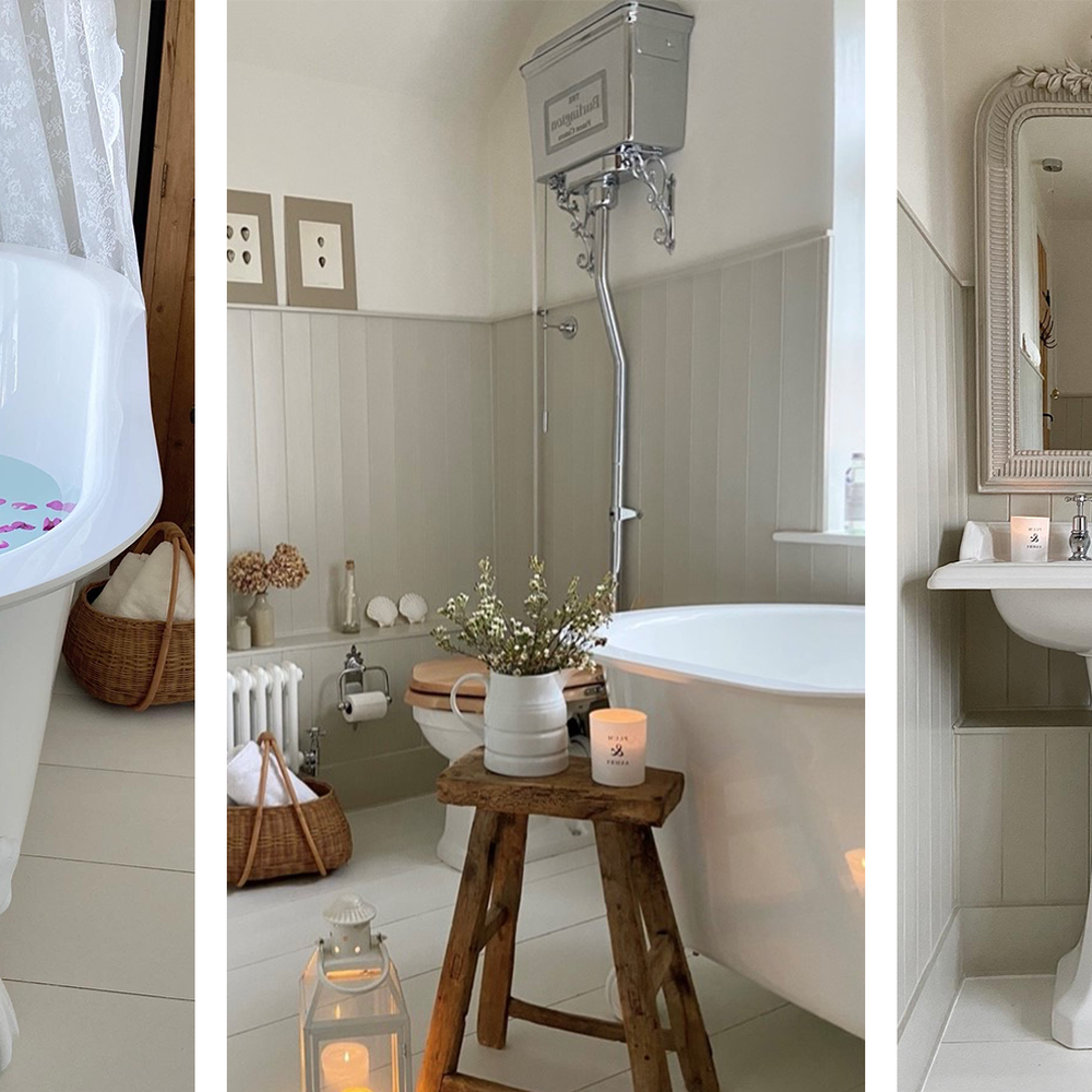 Freestanding Bathtub llena de pétalos en un Baño Romántico