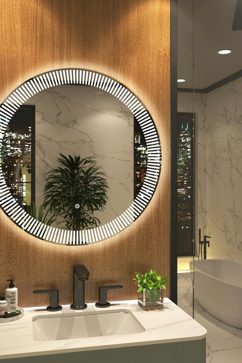 Textured wall panels beautifully complementing a warmly lit round mirror in an inviting setting.