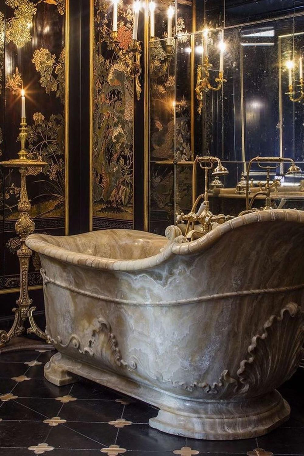 Luxurious freestanding bathtub crafted from veined stone