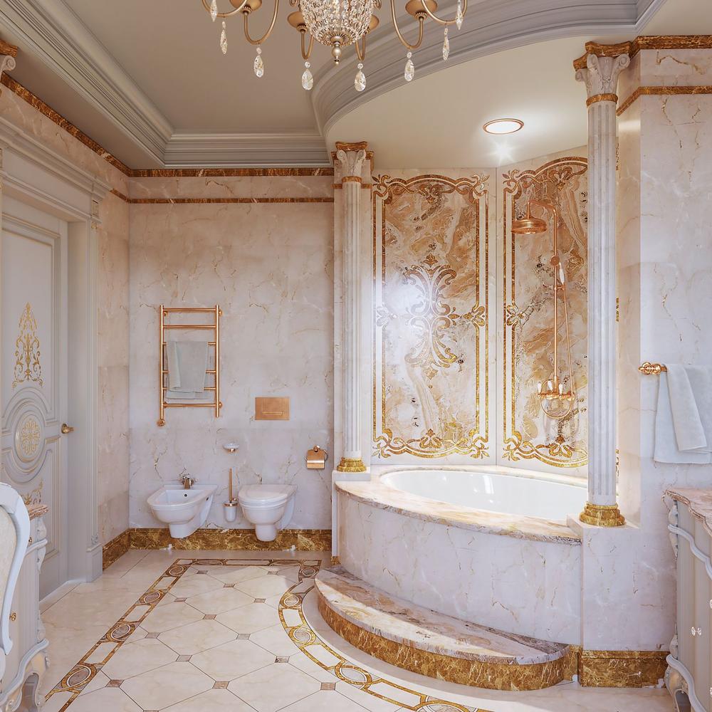 Opulent royal-style bathroom featuring marble and intricate gold accents