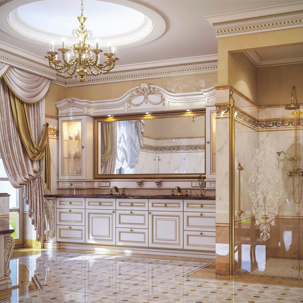 Opulent bathroom featuring elegant golden touches and luxurious details