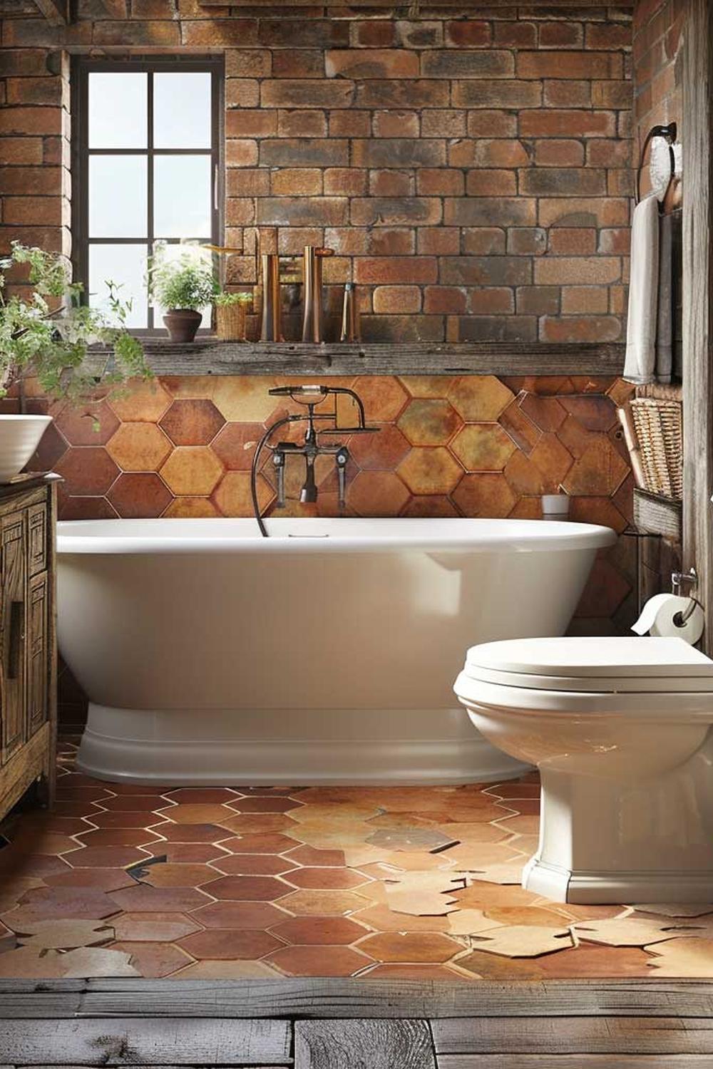 Cozy rustic bathroom with exposed red brick walls, freestanding bathtub, and earthy tile flooring.