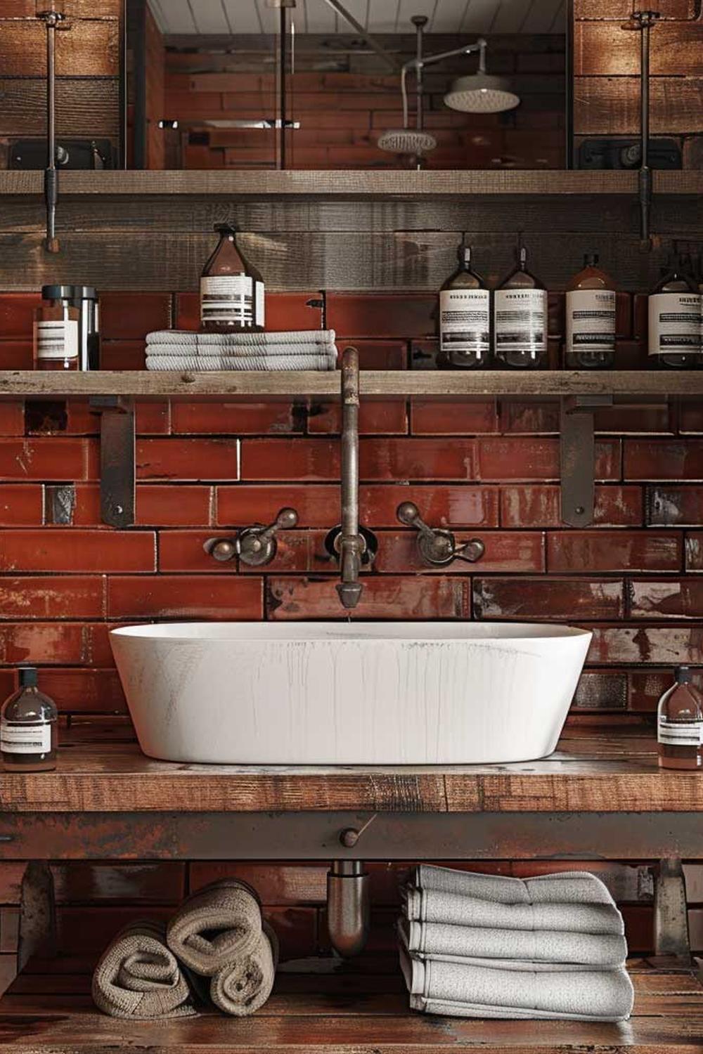Rustic bathroom featuring striking red wall tiles and contrasting modern sink design.