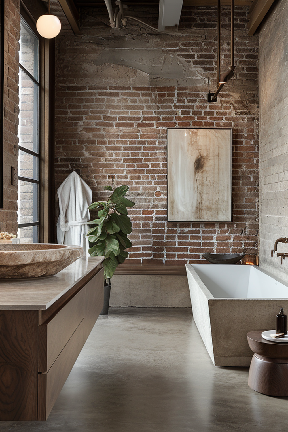 Beautiful rustic bathroom harmonizing exposed brick walls with dark wood accents and concrete bathtub.