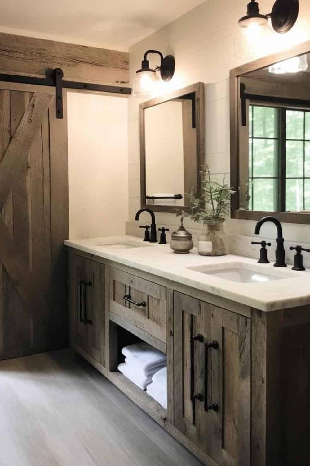Warm rustic double vanity with light-colored countertop and dark wood cabinetry.