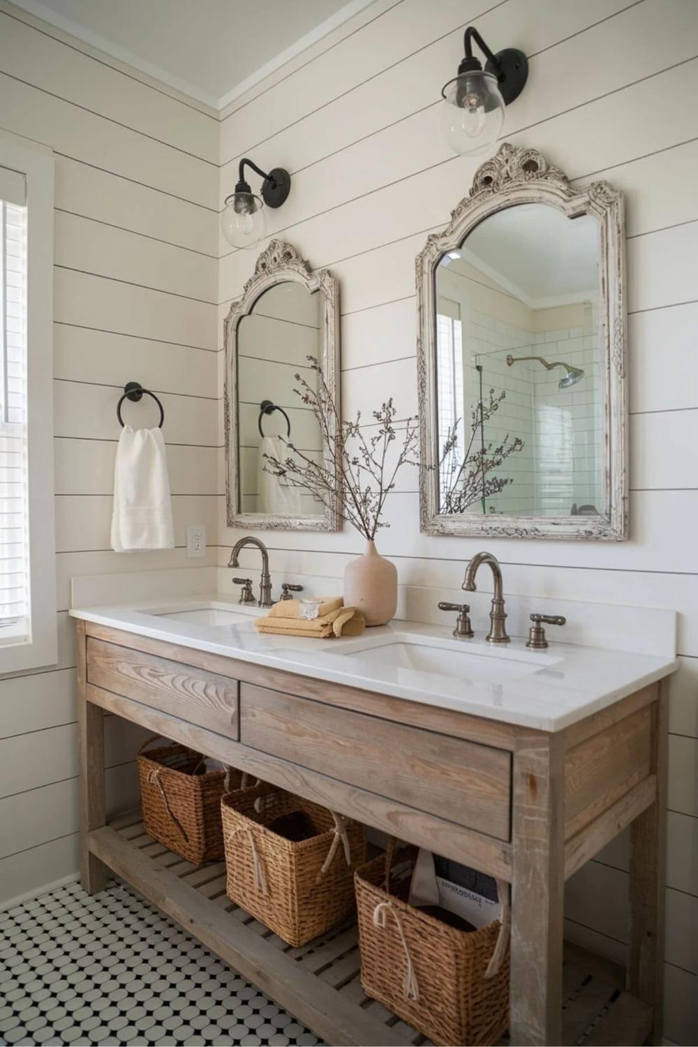 Double sink vanity in a rustic bathroom with elegant fixtures and open storage.