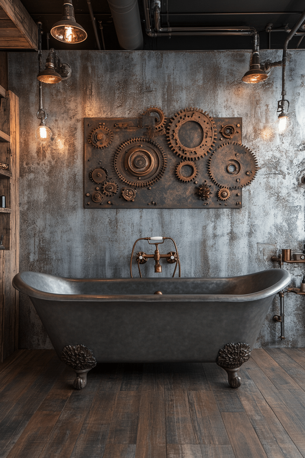 rustic industrial bathroom with a freestanding dark bathtub and warm earthy accents.