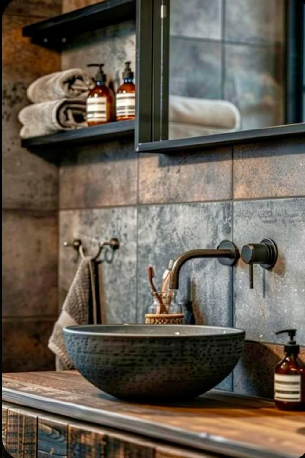 Stylish rustic industrial bathroom showcasing textured tiles and a modern black vanity.