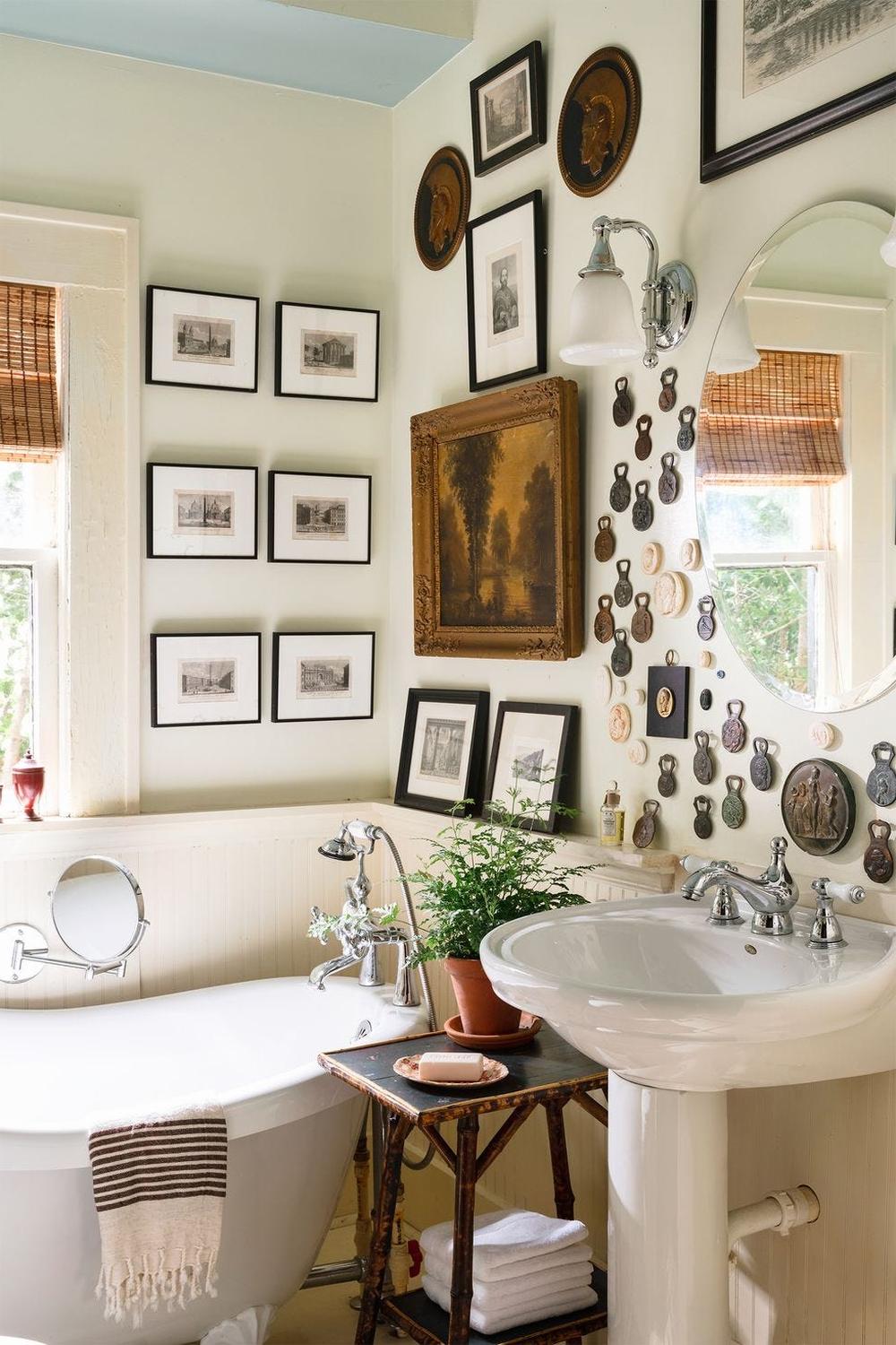 Charming rustic industrial bathroom featuring vintage decor elements and elegant fixtures.