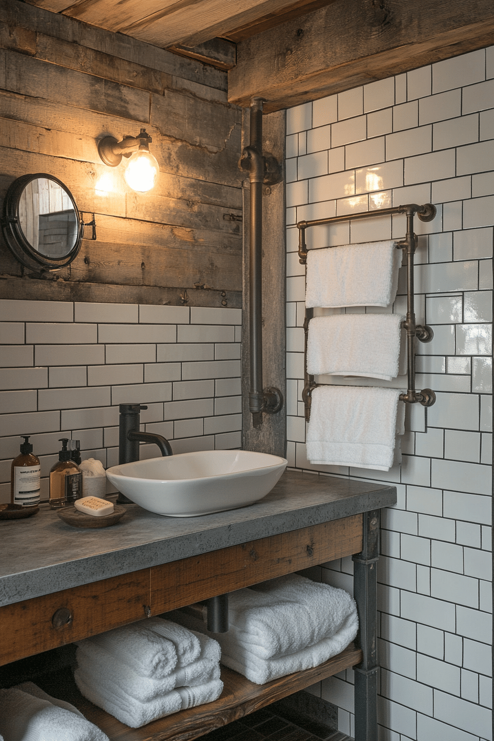 Functional rustic industrial bathroom design featuring a white ceramic sink and wooden features.