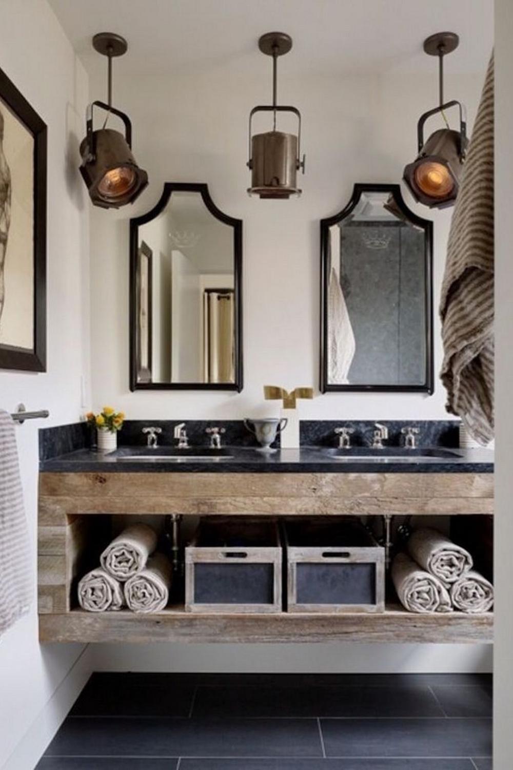 A rustic industrial bathroom highlighting reclaimed wood and natural finishes.