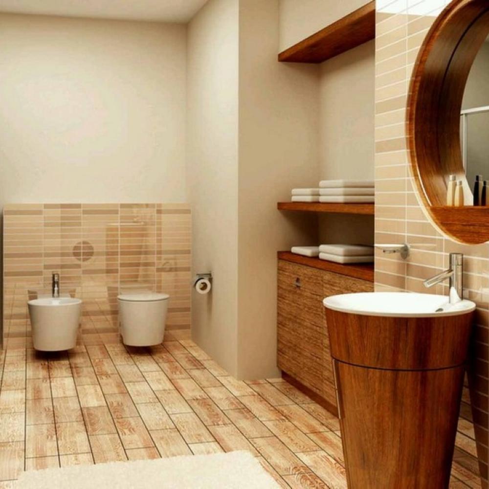 A rustic bathroom showcasing contemporary features intertwined with rustic warmth.