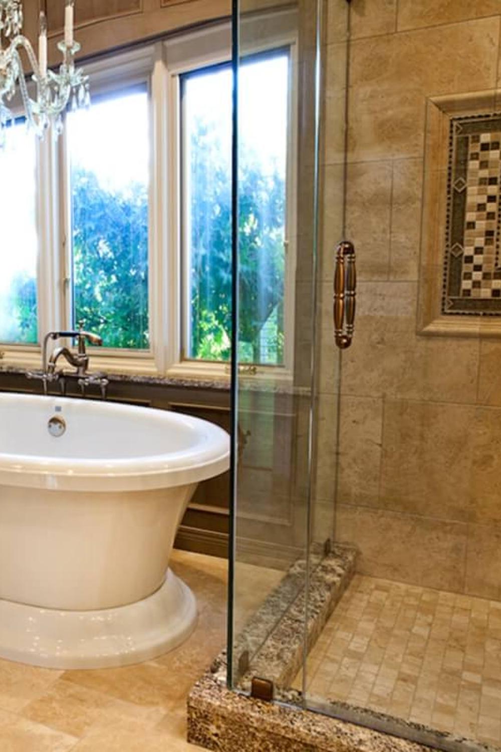 A rustic bathroom focused on a luxurious bathing experience with a freestanding bathtub.