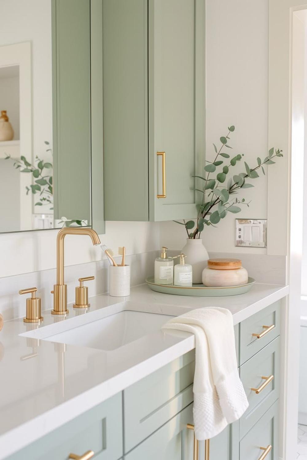 Contemporary bathroom featuring soft sage cabinetry and a white countertop.