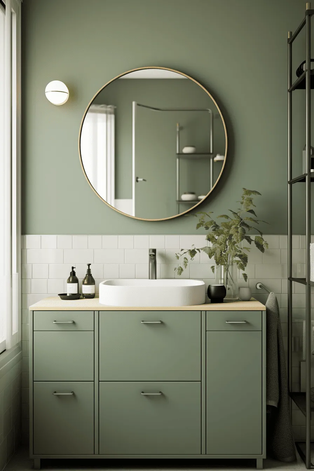 Contemporary vanity with a minimalist design and potted plant decoration.