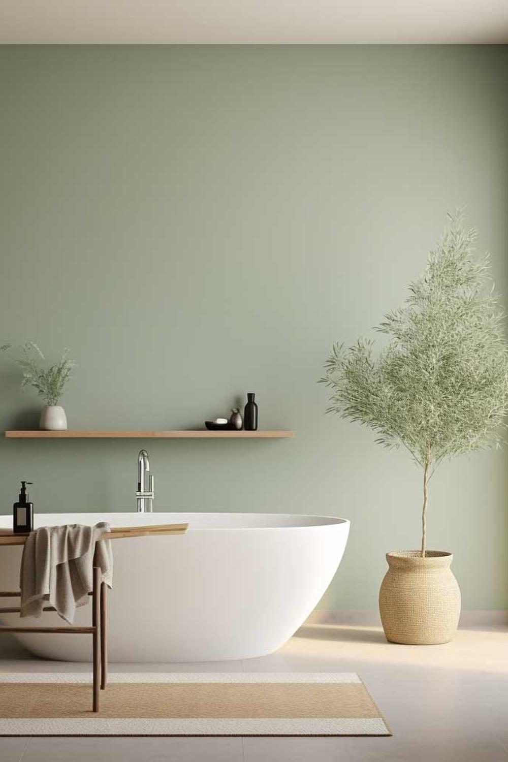Serene bathroom with a freestanding bathtub and minimalist shelving.