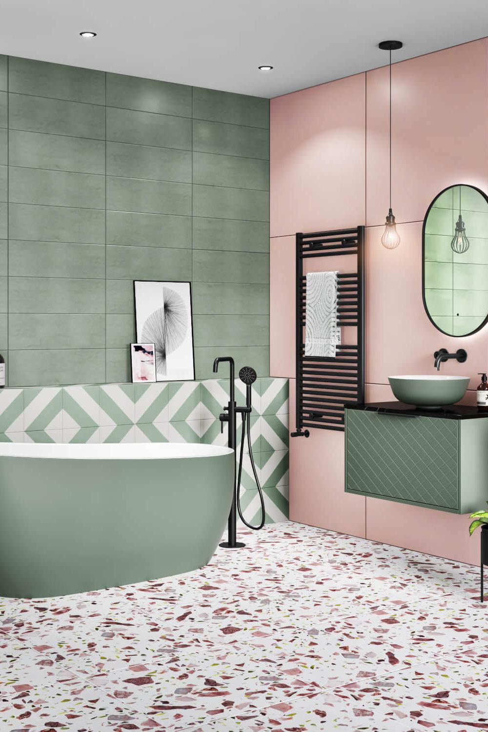Elegant bathroom featuring a blend of sage green and soft pink colors.
