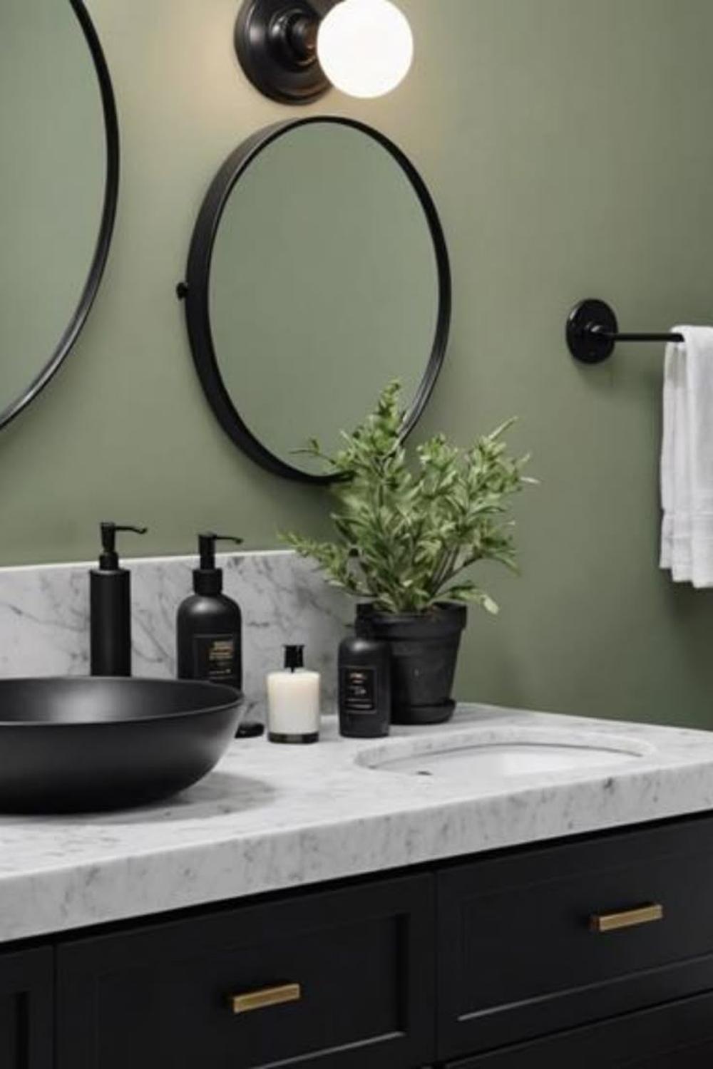 Stylish bathroom vanity with marble countertops and sage green cabinets.
