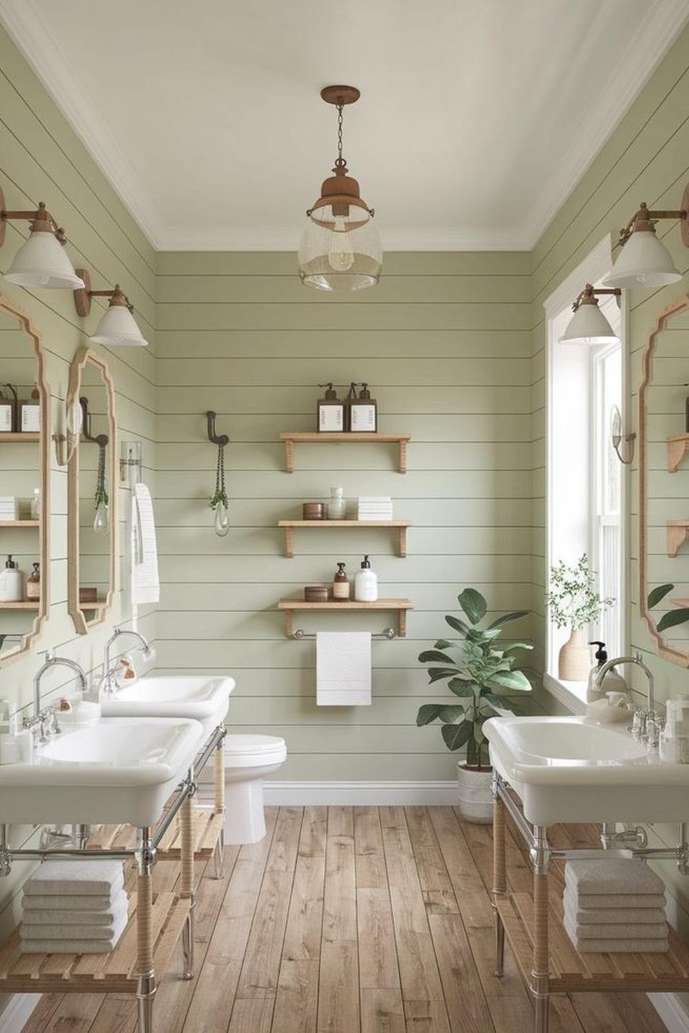 Charming bathroom featuring textured sage walls and inviting lighting.