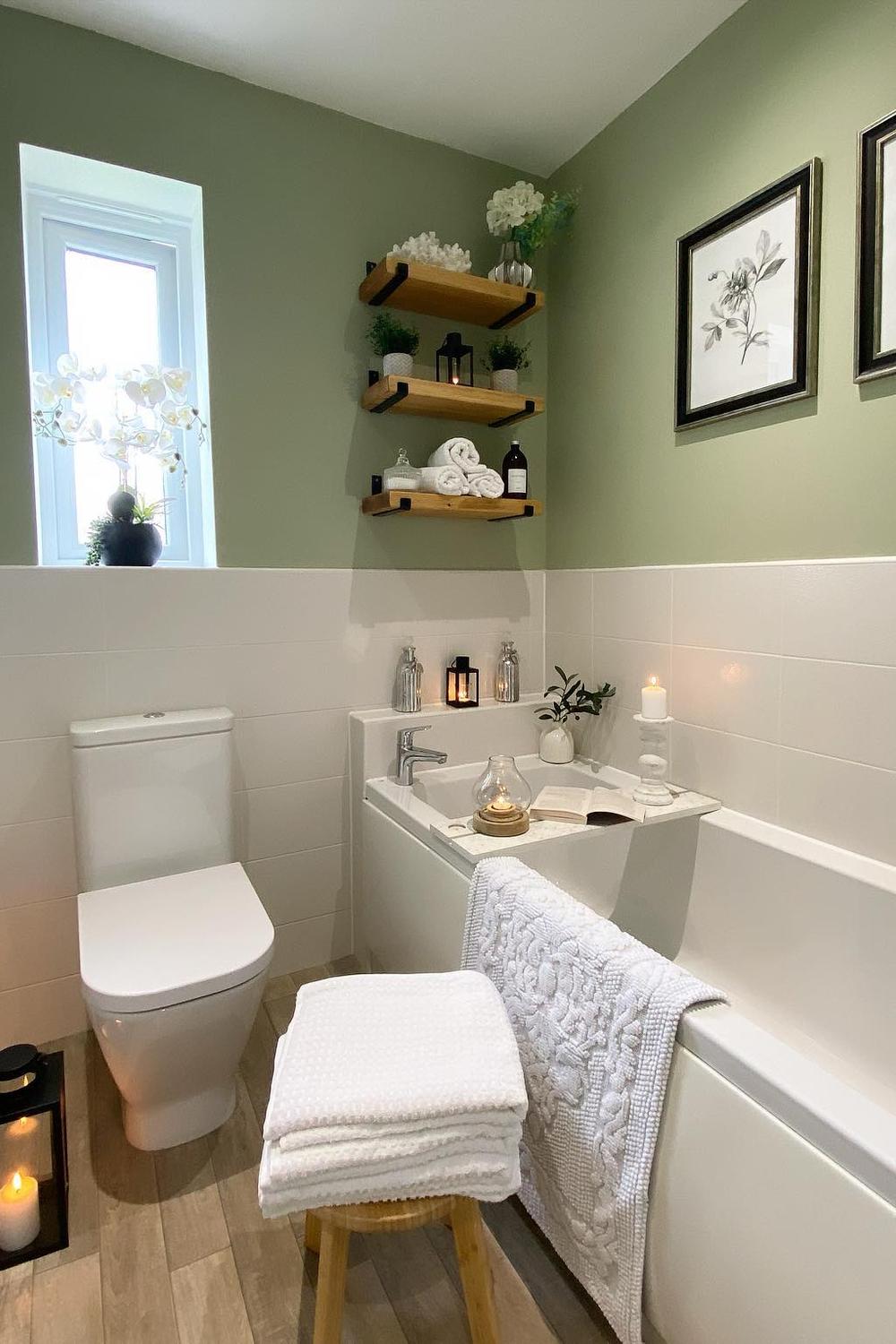 Stylish bathroom with natural wood accents and sage green elements.