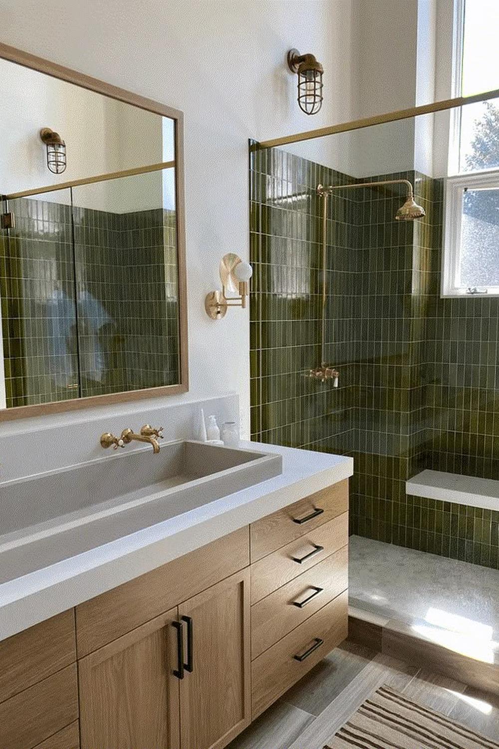 Bathroom featuring seamless sage colors and a shower area.