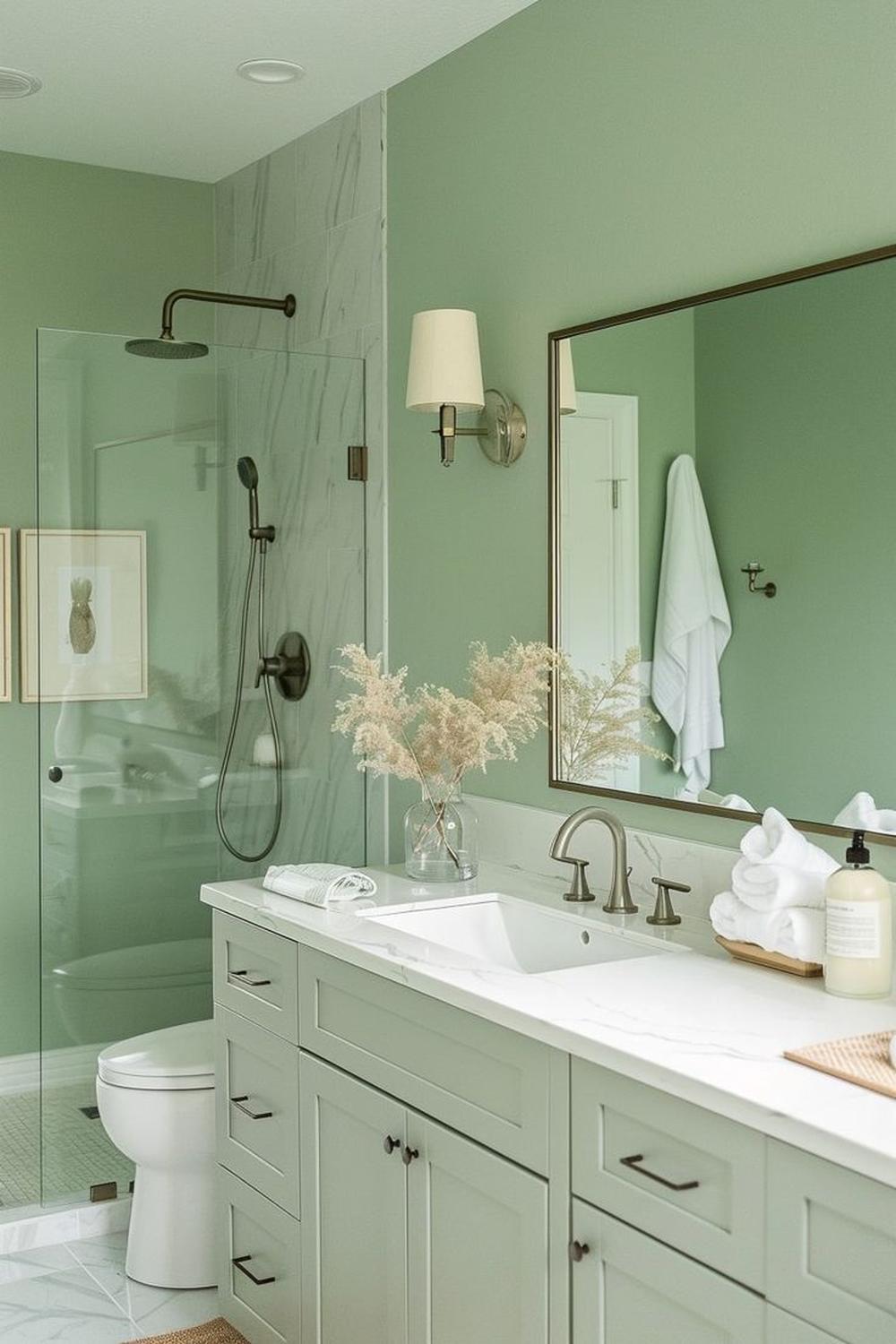 stylish bathroom with sage green walls and luxury shower