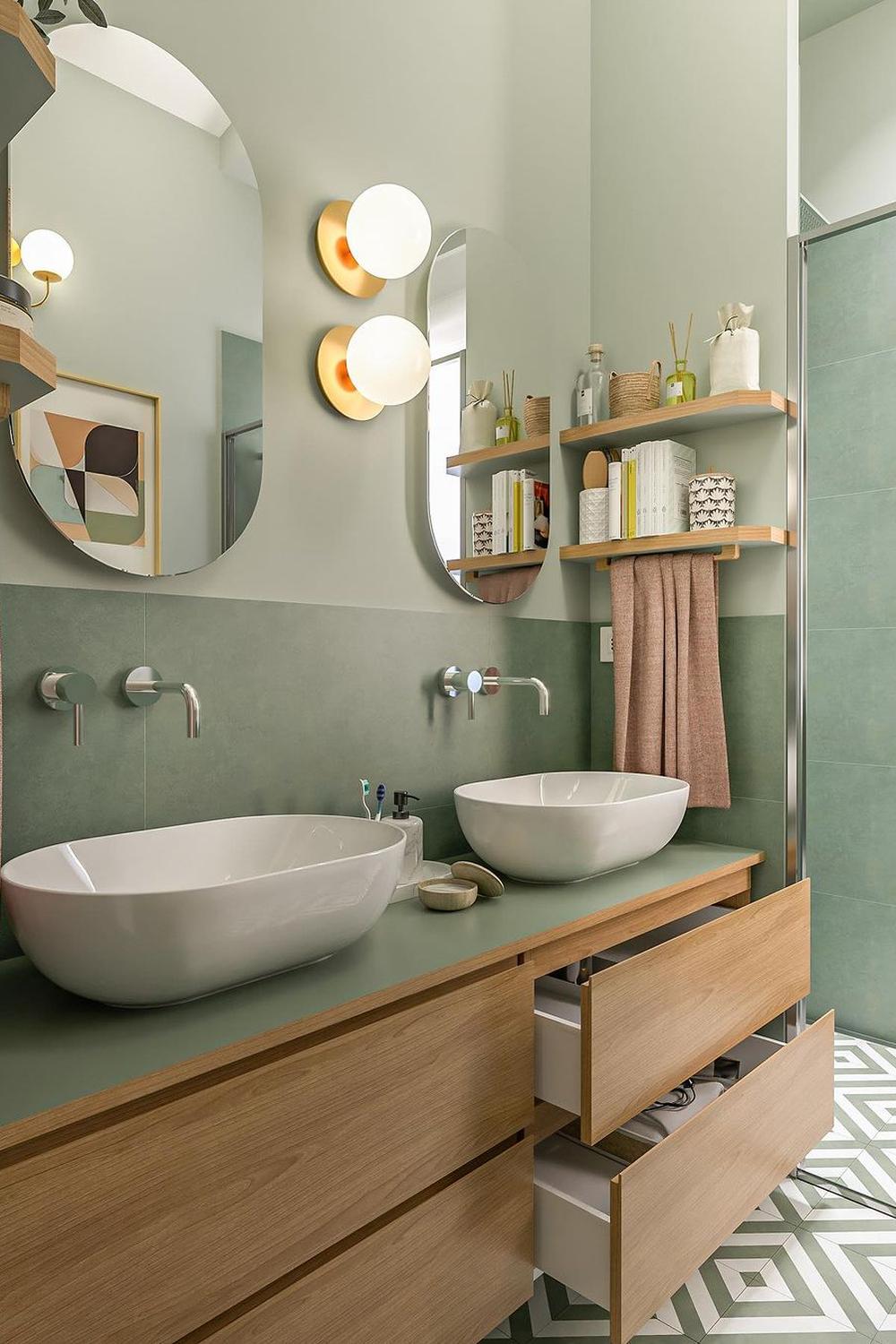 modern bathroom with geometric patterned floors