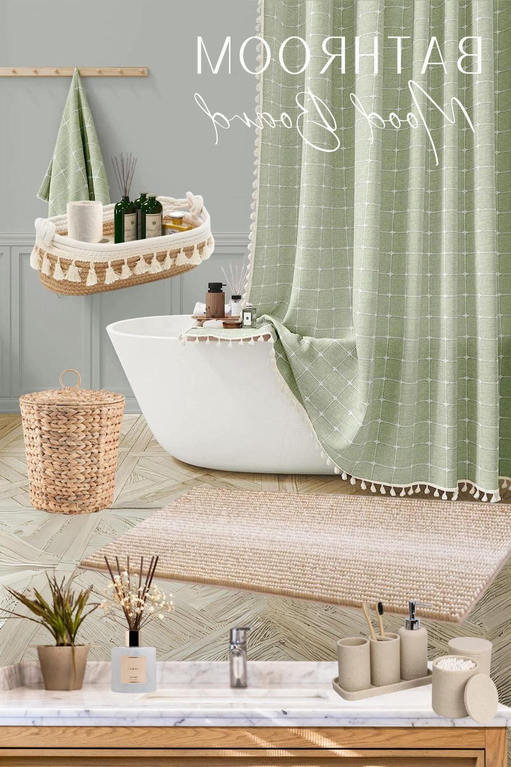 freestanding bathtub in a bathroom with sage accents