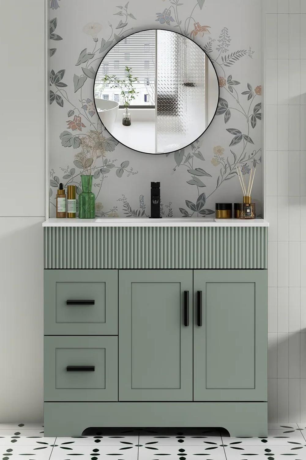 Textured sage green vanity with vertical ribbed design elements offering modern appeal.