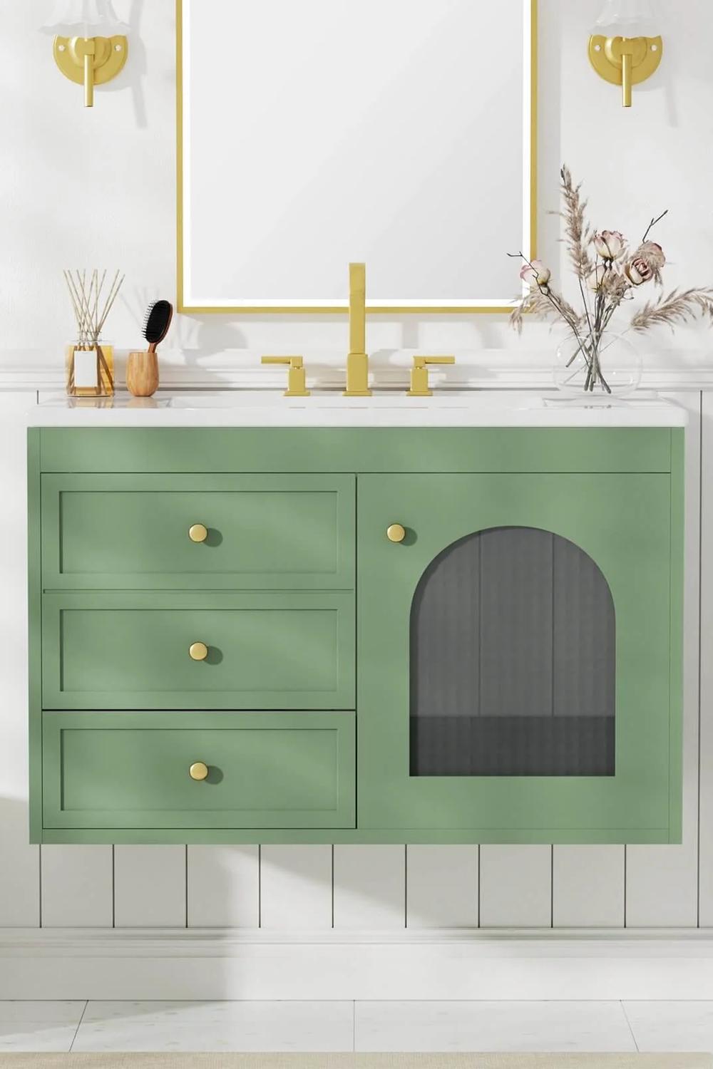 Bright sage green vanity featuring built-in storage options for a breezy atmosphere.