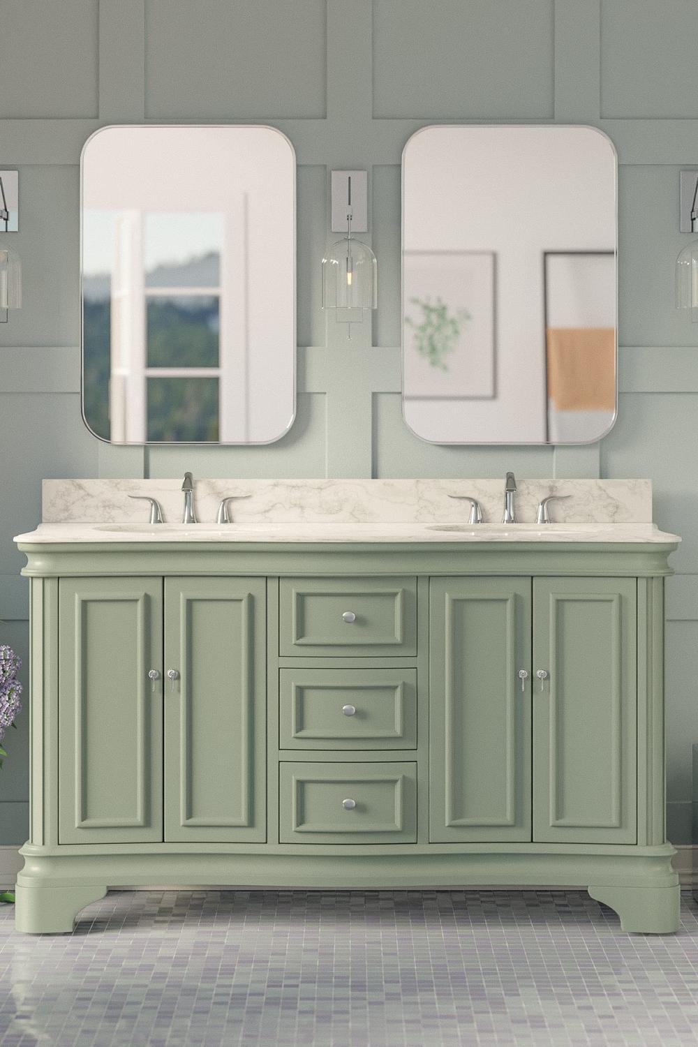 Refreshing sage green vanity showcasing a straightforward design with clean lines.
