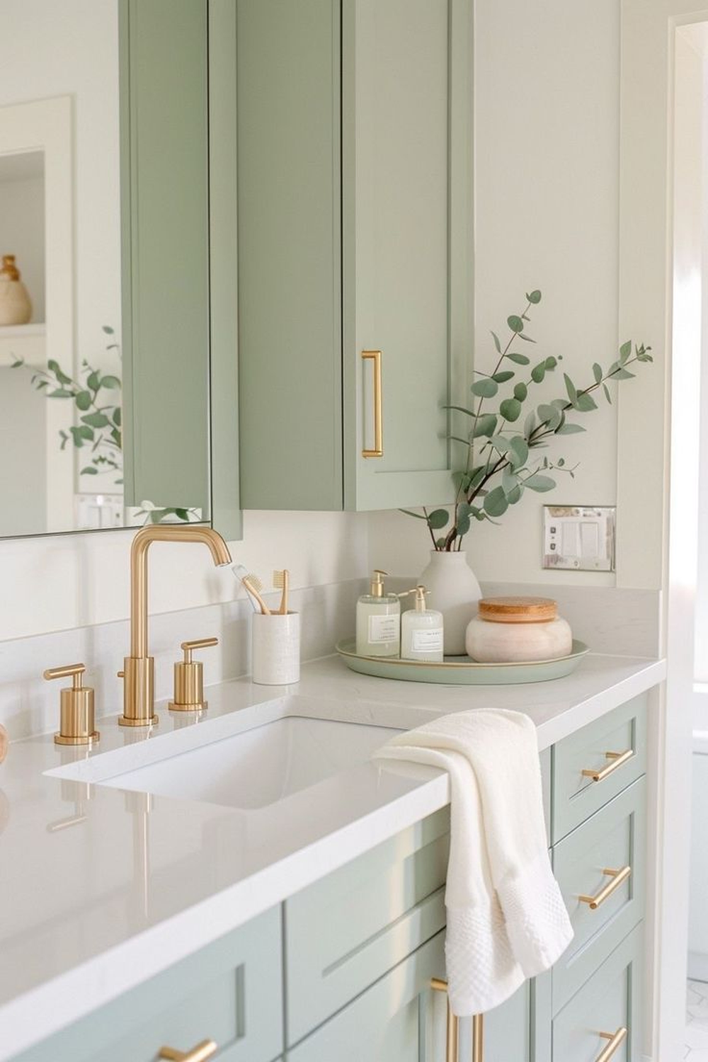 Lavabo verde salvia que simboliza el diseño contemporáneo y moderno en el baño