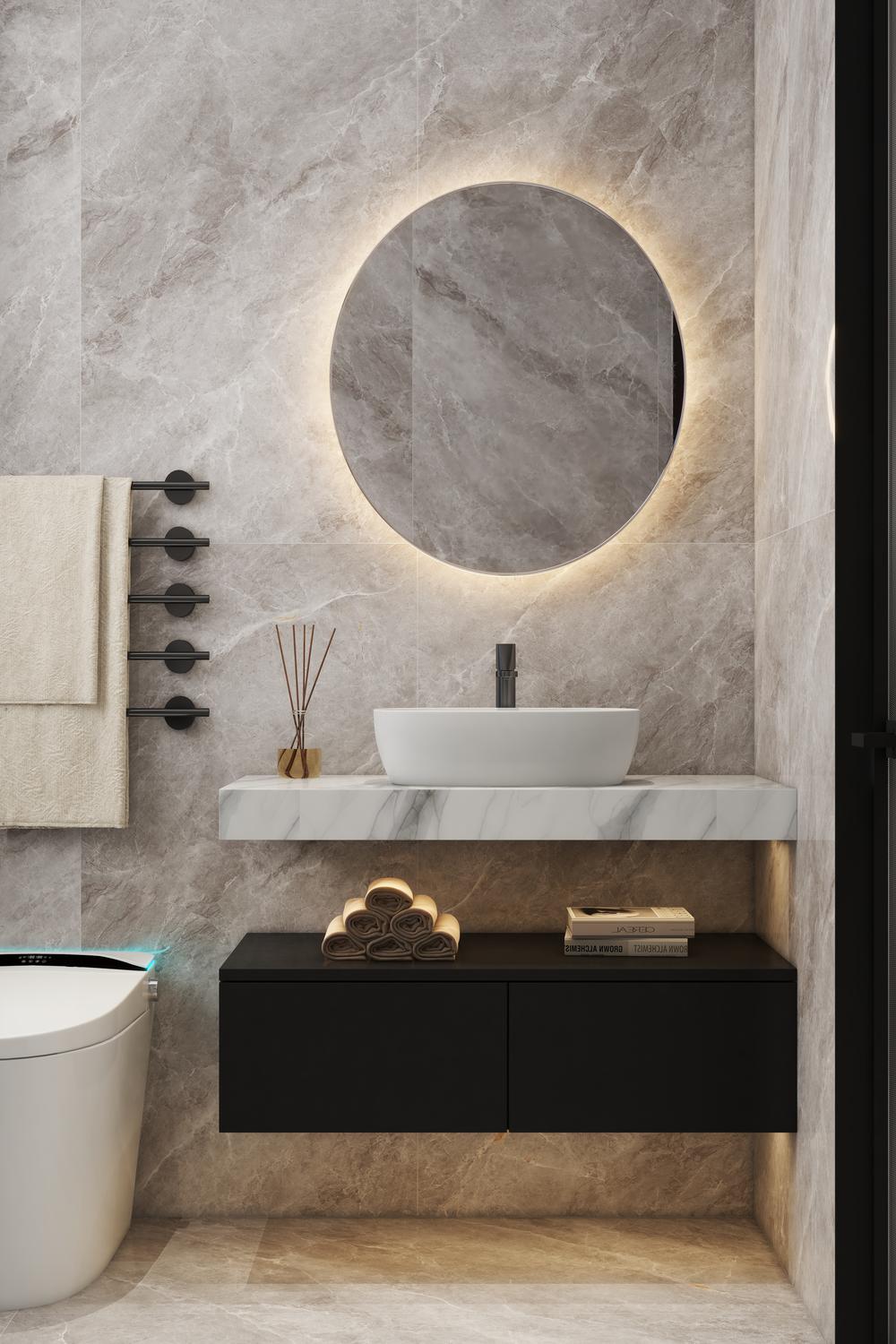 Baño escandinavo con lujosa despensa de mármol