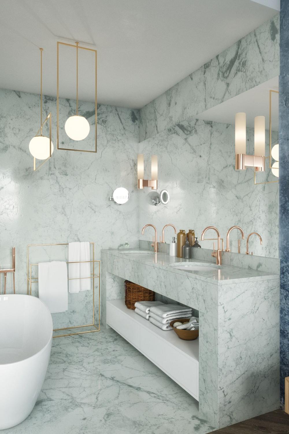 Baño escandinavo moderno con mármol y acabados elegantes