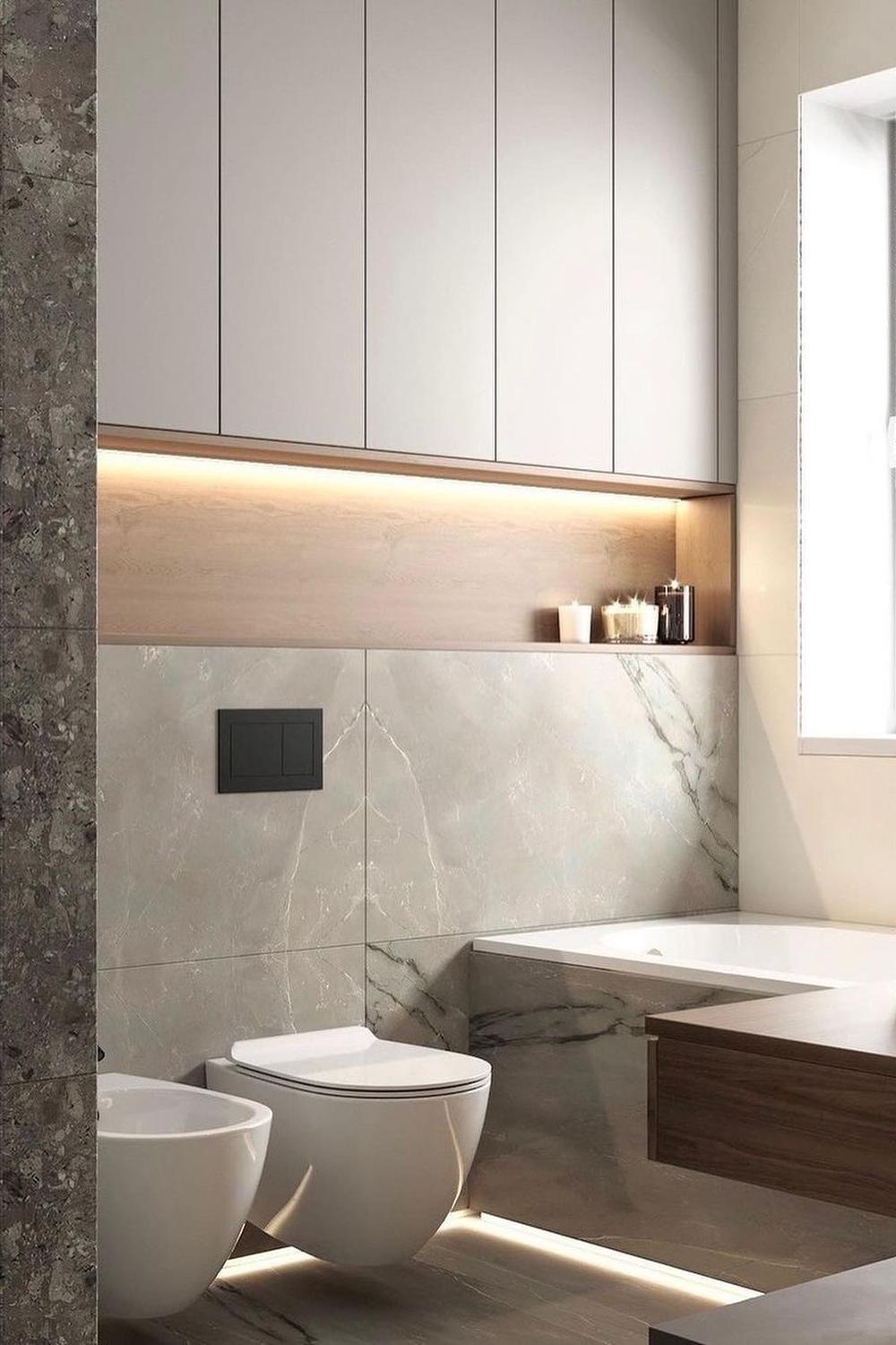 Baño escandinavo con múltiples texturas en mármol