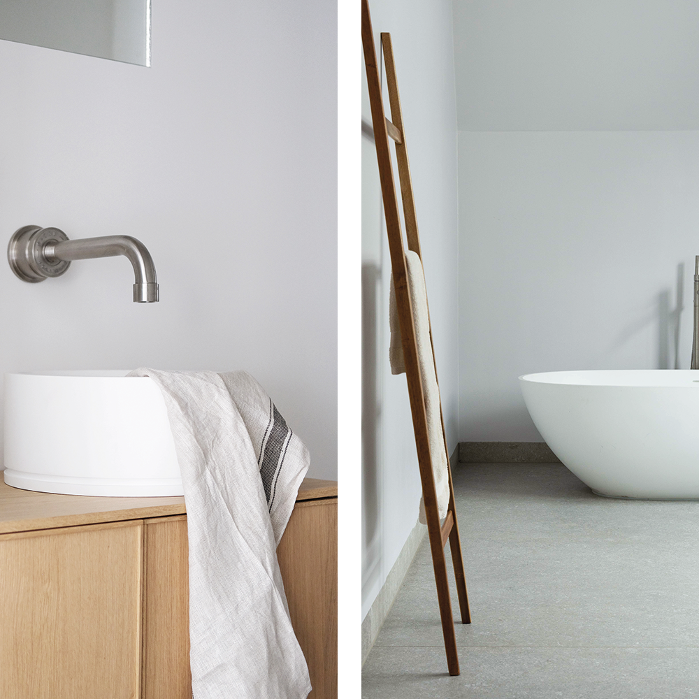 Baño escandinavo con mármol sofisticado y elegante