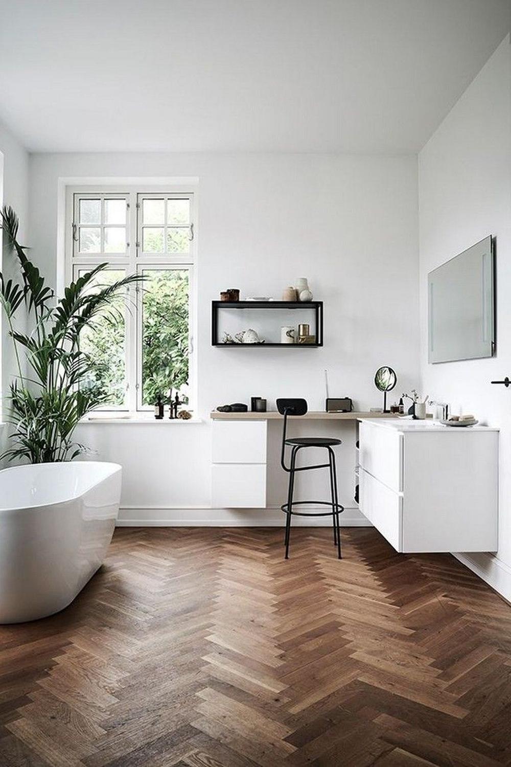Modern Scandinavian bathroom characterized by functional design and natural elements