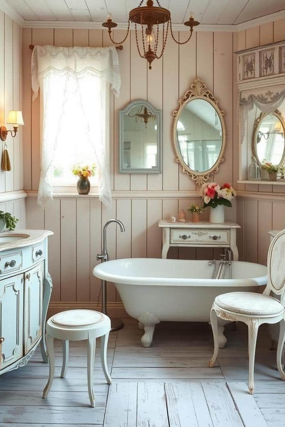 Vintage clawfoot bathtub in a shabby chic bathroom