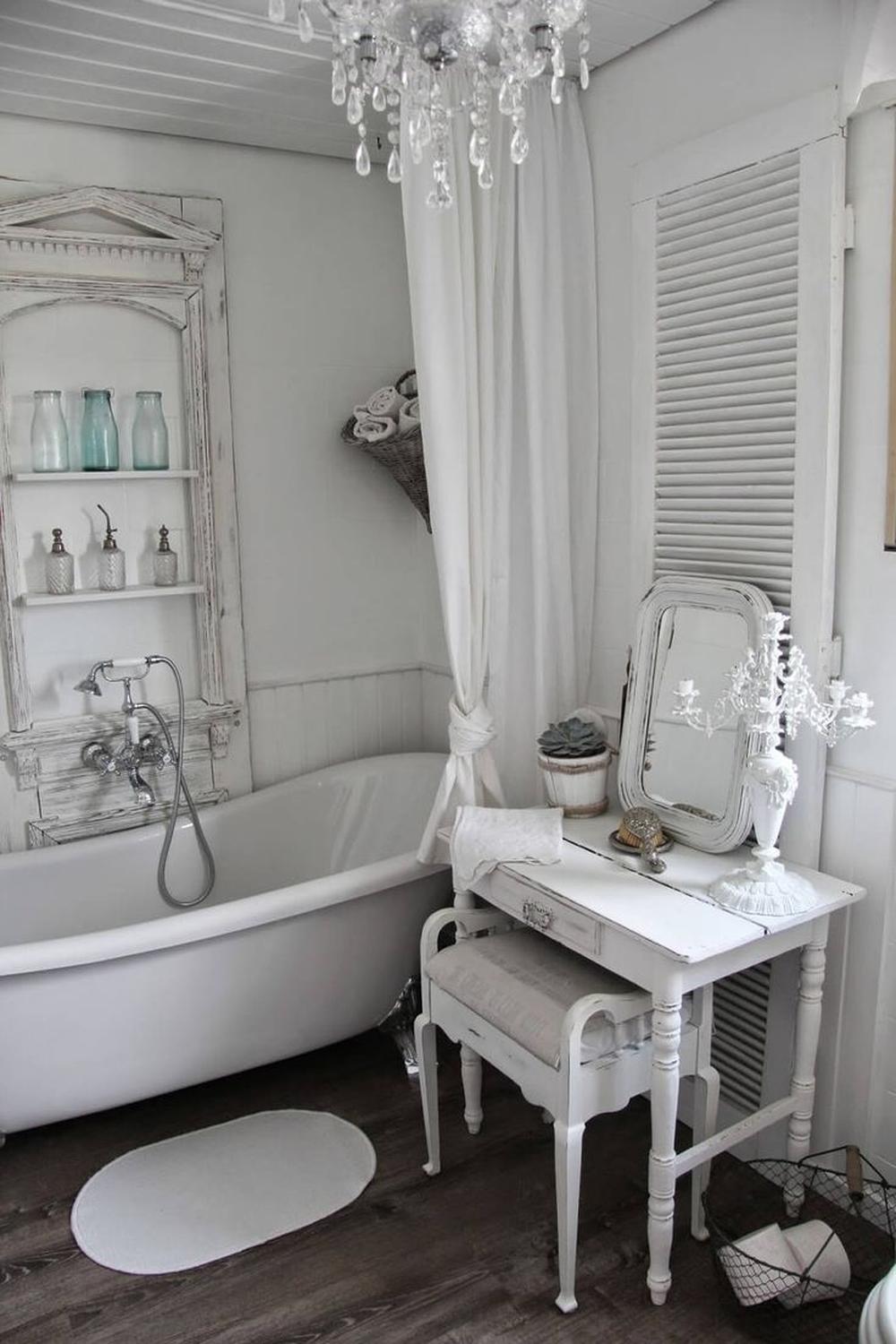 Elegant chandelier in a shabby chic bathroom