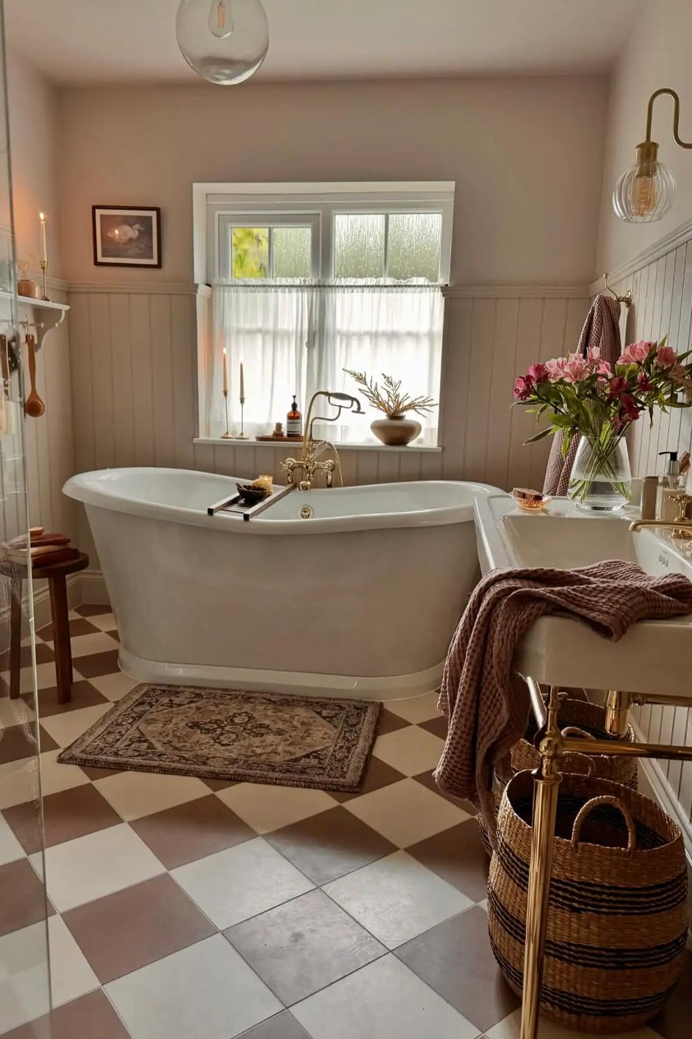 Cozy checkered flooring in a shabby chic bathroom