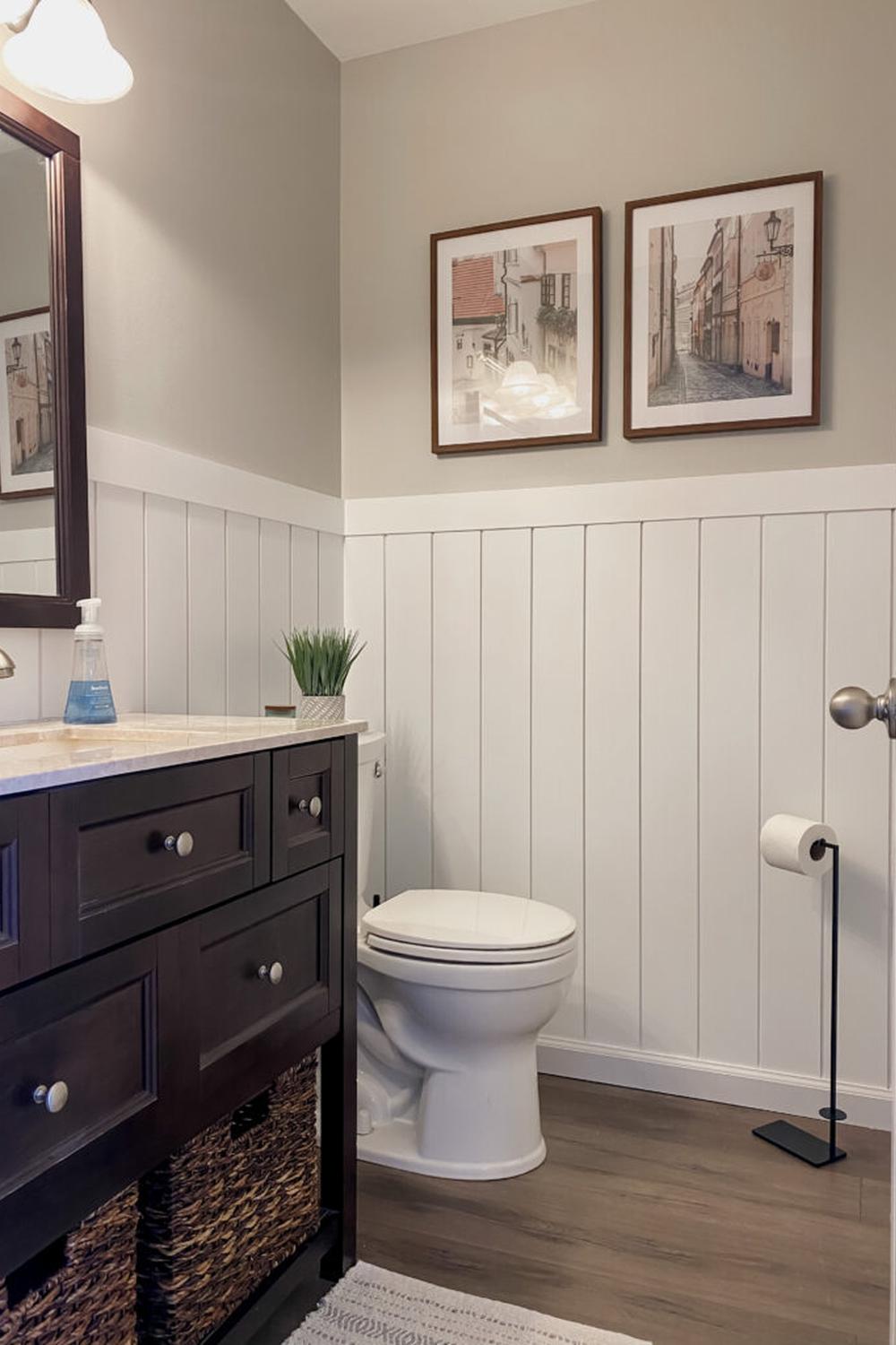 Bathroom Design featuring muted green and shiplap decor