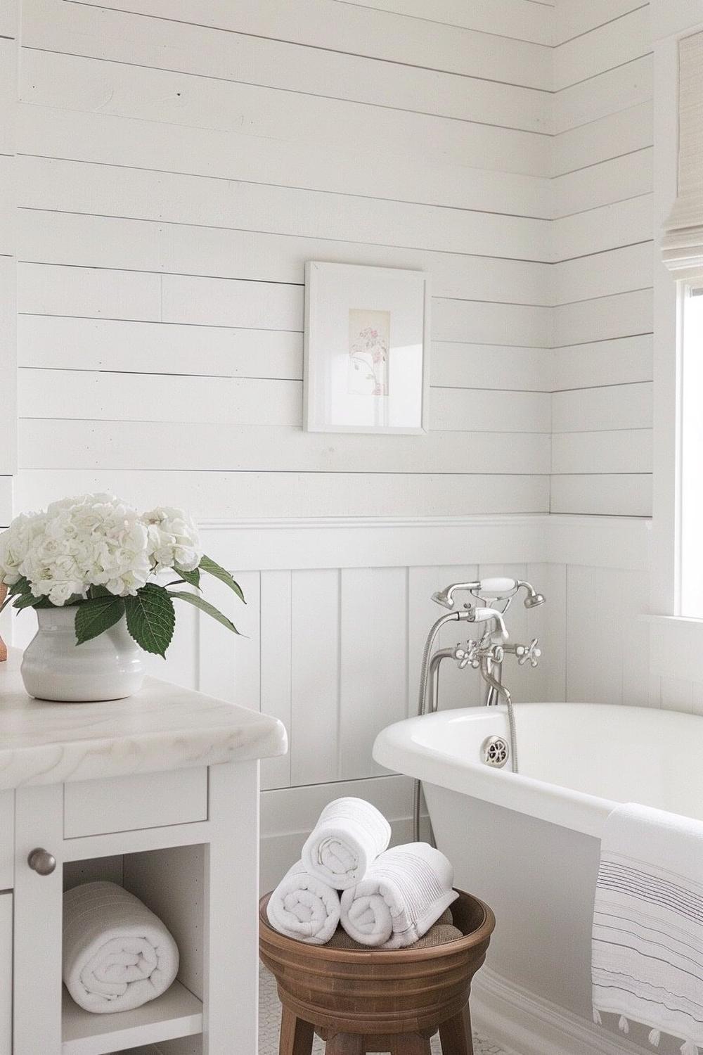 Serene bathroom featuring white shiplap and classic decor elements