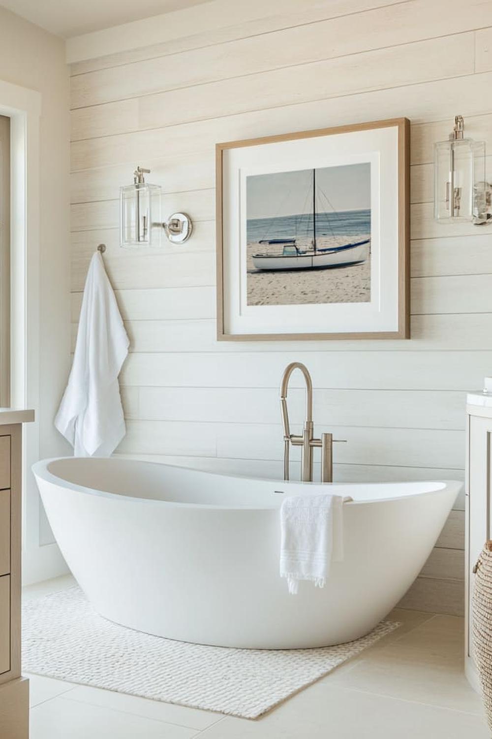 Modern bathroom with a freestanding bathtub and coastal design