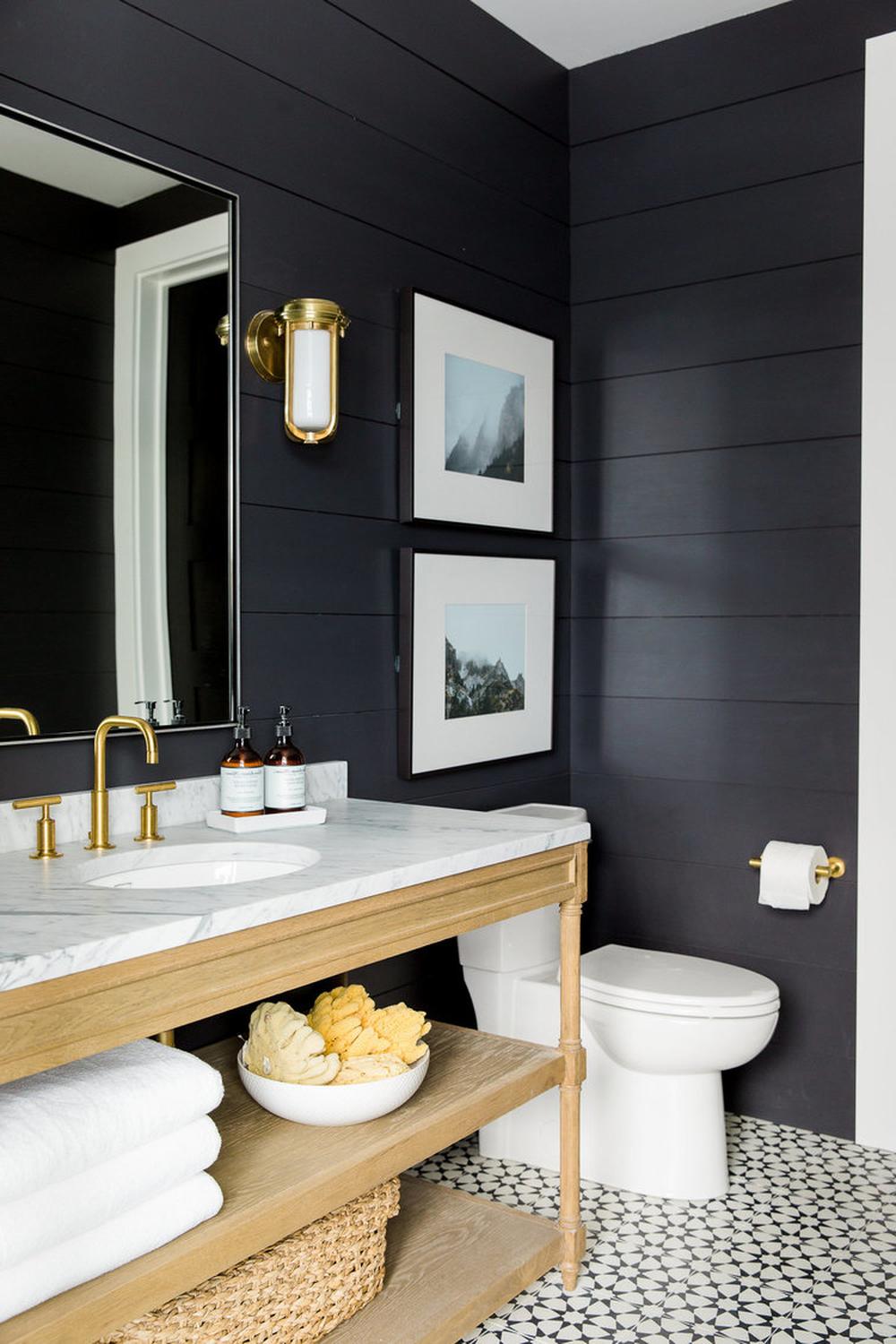 Modern bathroom with dark shiplap and elegant gold accents