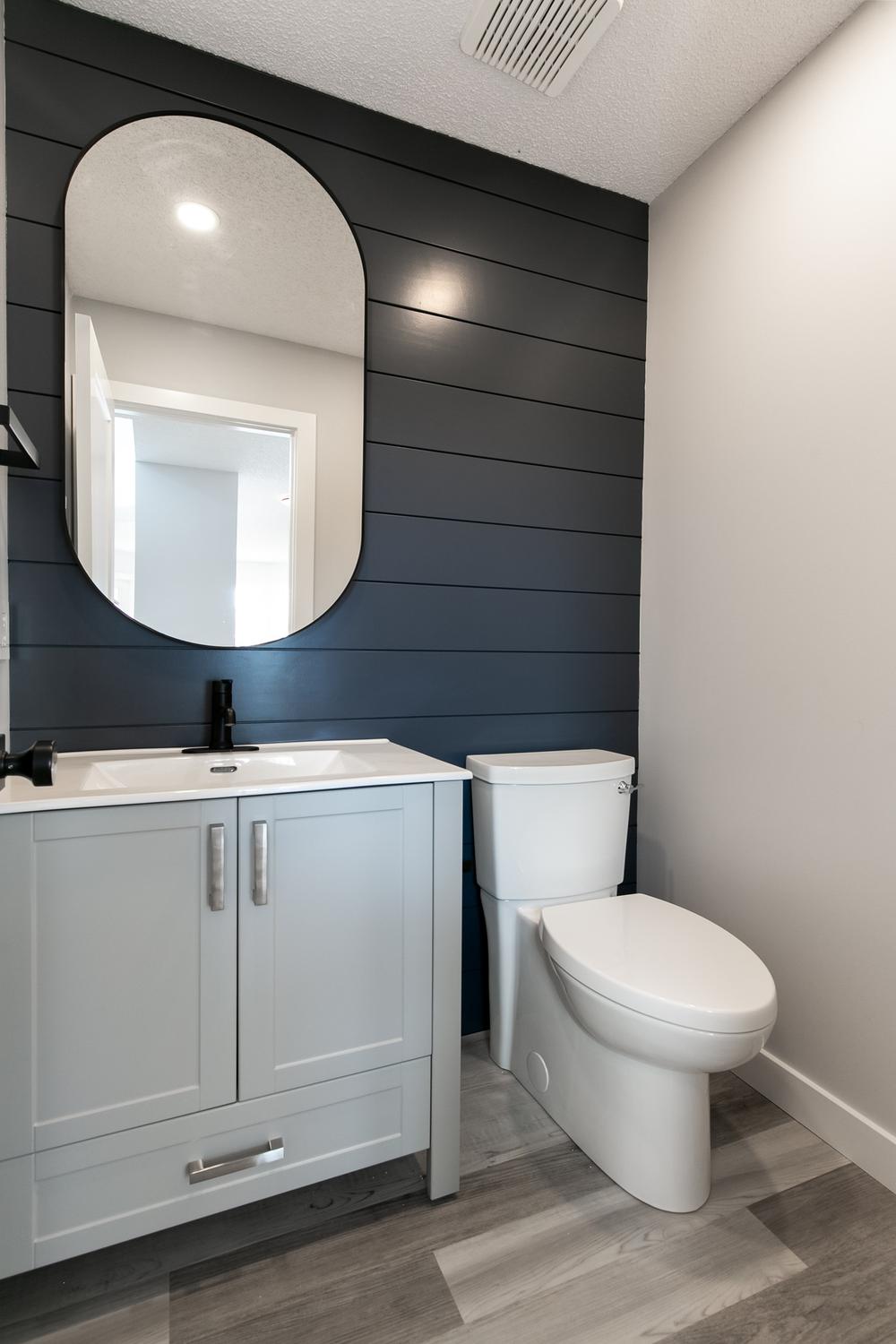 Modern bathroom with dark blue shiplap wall and elegant fixtures