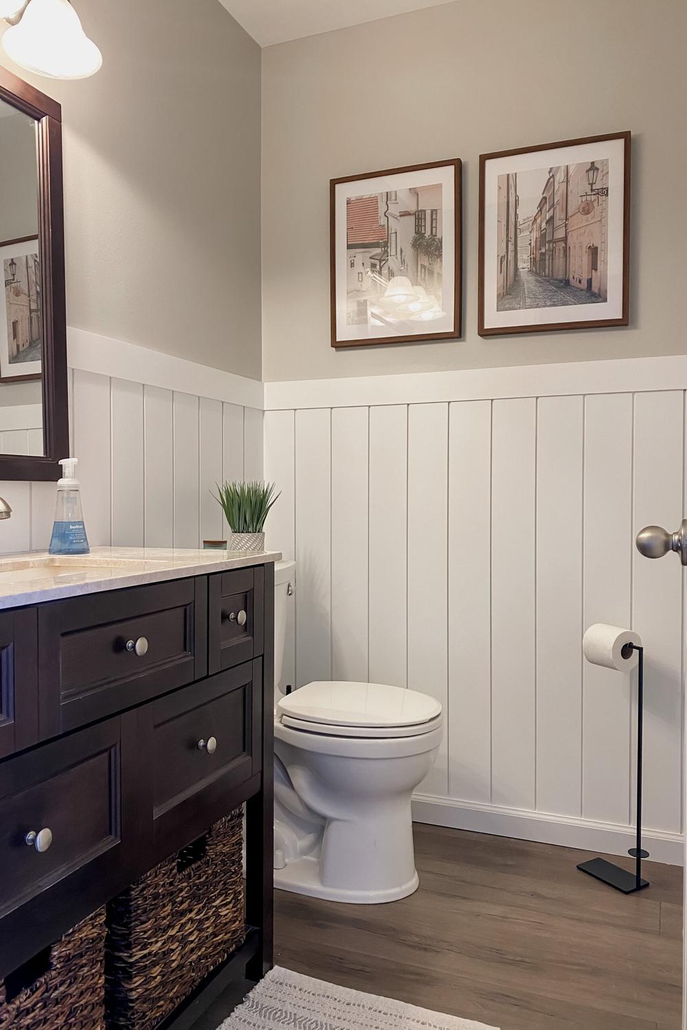 Charming bathroom with white shiplap walls and soft green accents, featuring a dark wooden vanity and marble-like countertop.